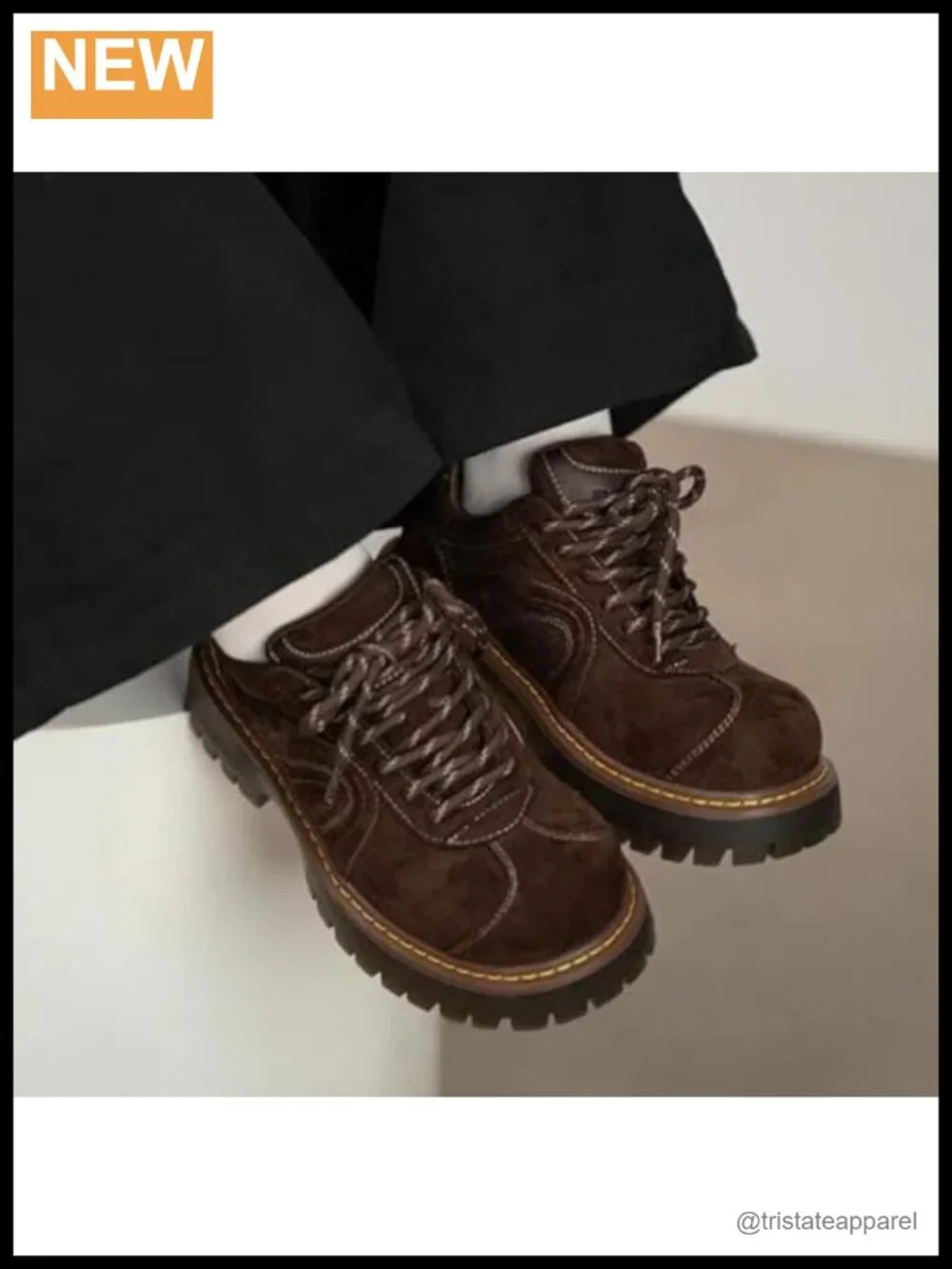 Suede Lace-Up Oxford Shoes Big Round Toe Platform Chunky Heel Retro Derby
